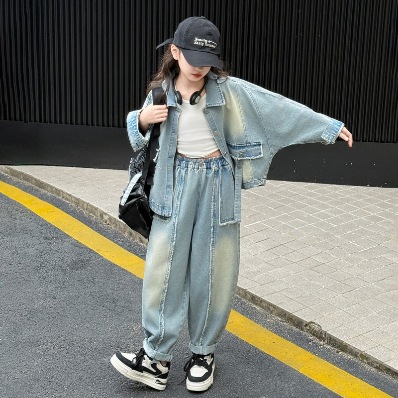 女童春装牛仔套装2025新款女孩网红时髦中大儿童洋气蝙蝠衫两件套
