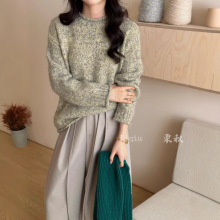 紫色毛衣女秋冬季宽松圆领卷边套头针织衫2025新款简约上衣慵懒风