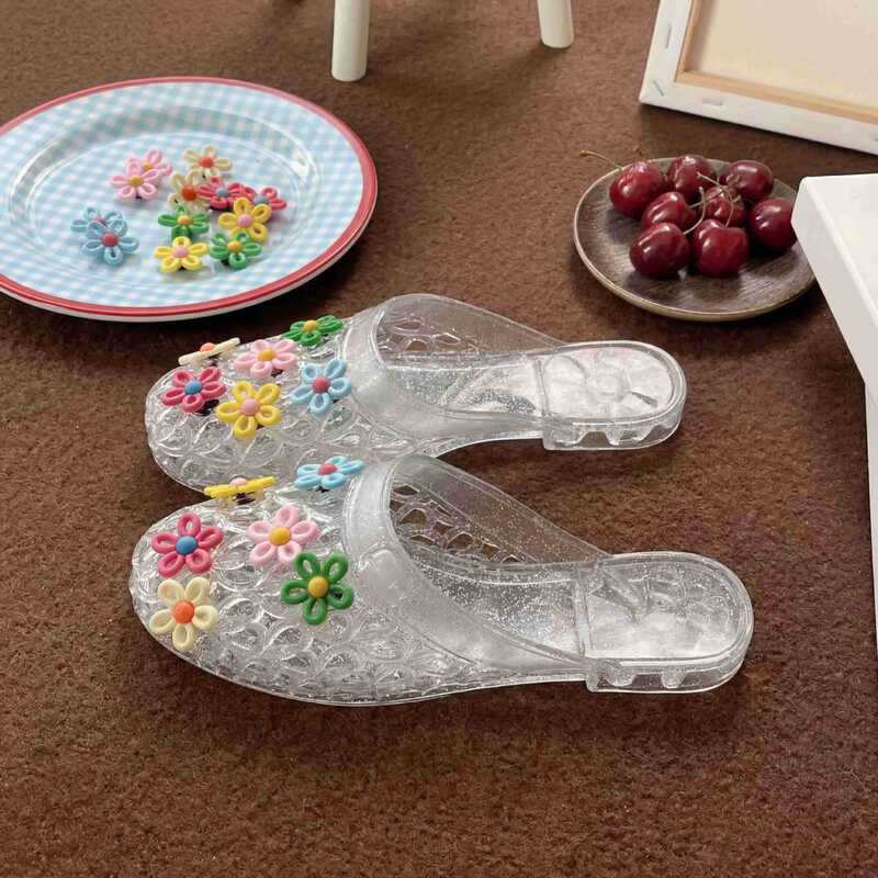 Flower Crystal Shoes Jelly Soft Sole Half-Slip Slippers Closed-Toe Flat Shoes Transparent 2025 Crystal Home Women's Shoes