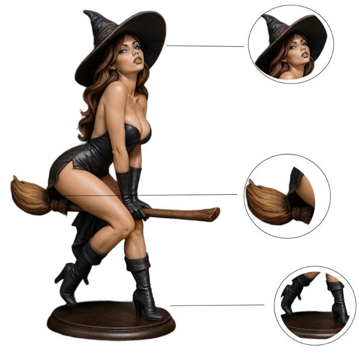 跨境新品万圣节Sexy Witch Bookshelf Statue骑魔法扫帚女巫雕像|undefined