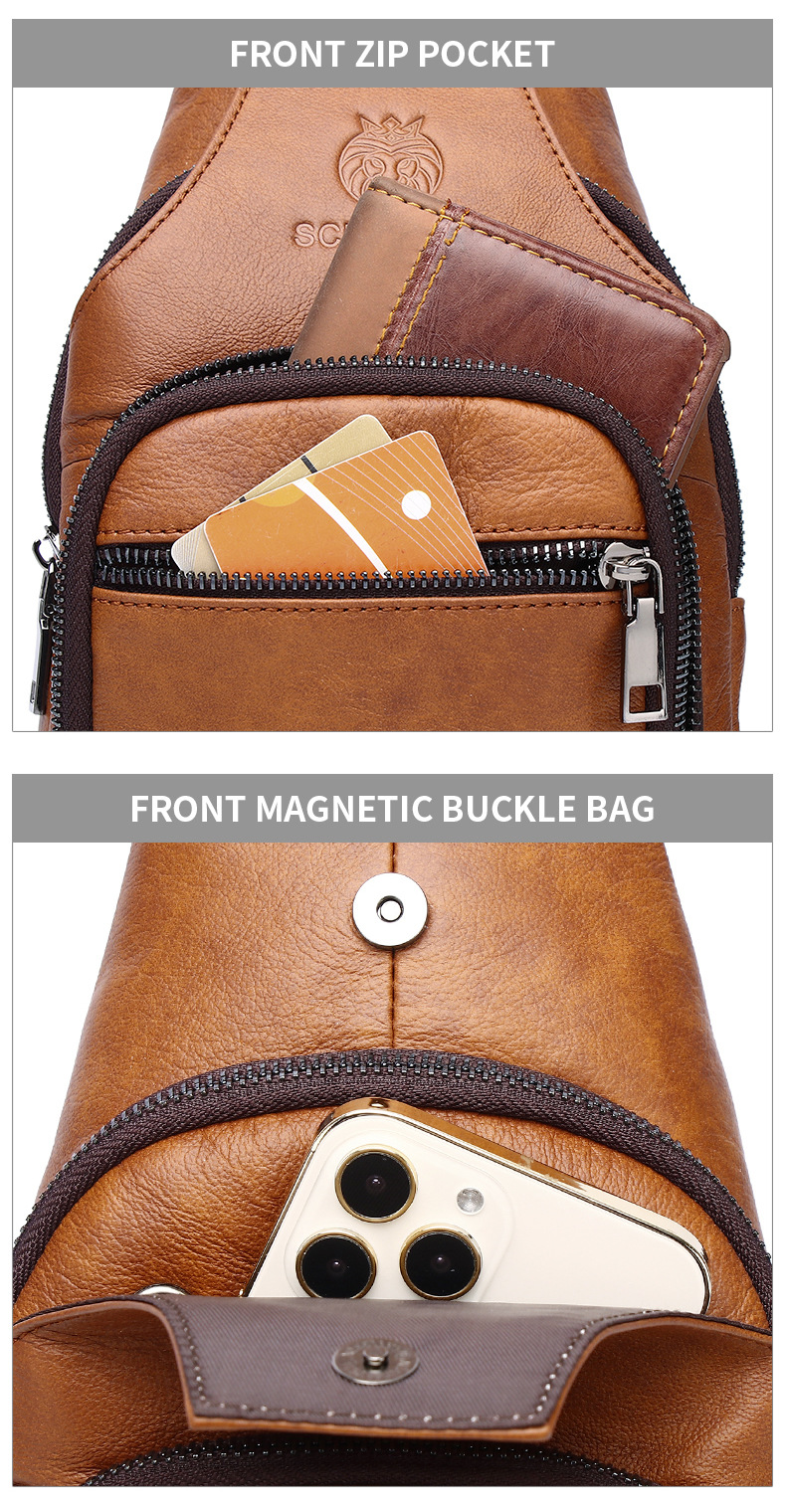 Túi đeo chéo nam da bò thật cổ điển kiểu Âu Mỹ, có cổng sạc USB — Màu đen, Màu nâu vàng chi tiết 12