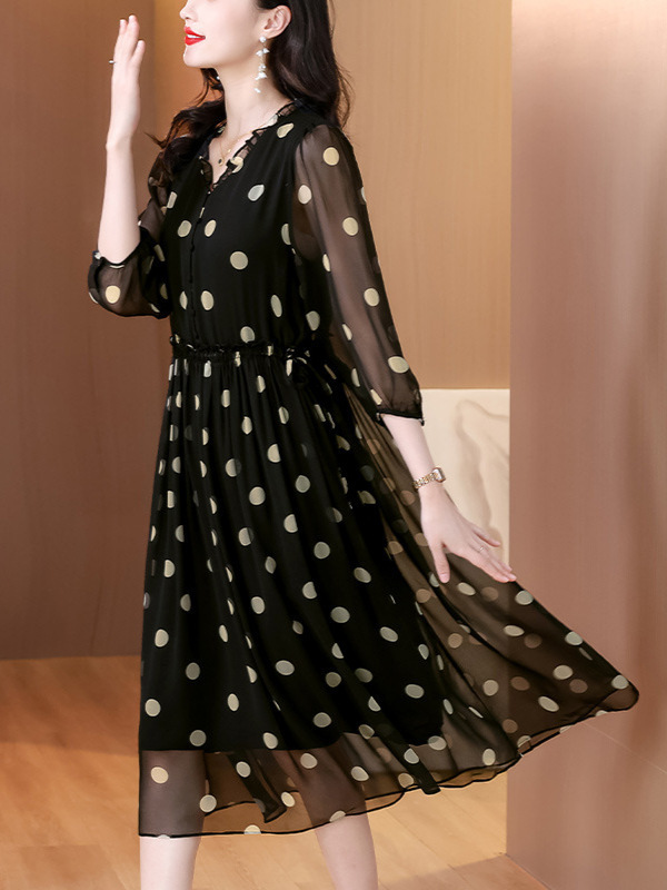 Three-Quarter Sleeve Polka Dot Chiffon Dress for Women Spring and Summer New Style French Large Size Mulberry Silk Flowing Long Skirt