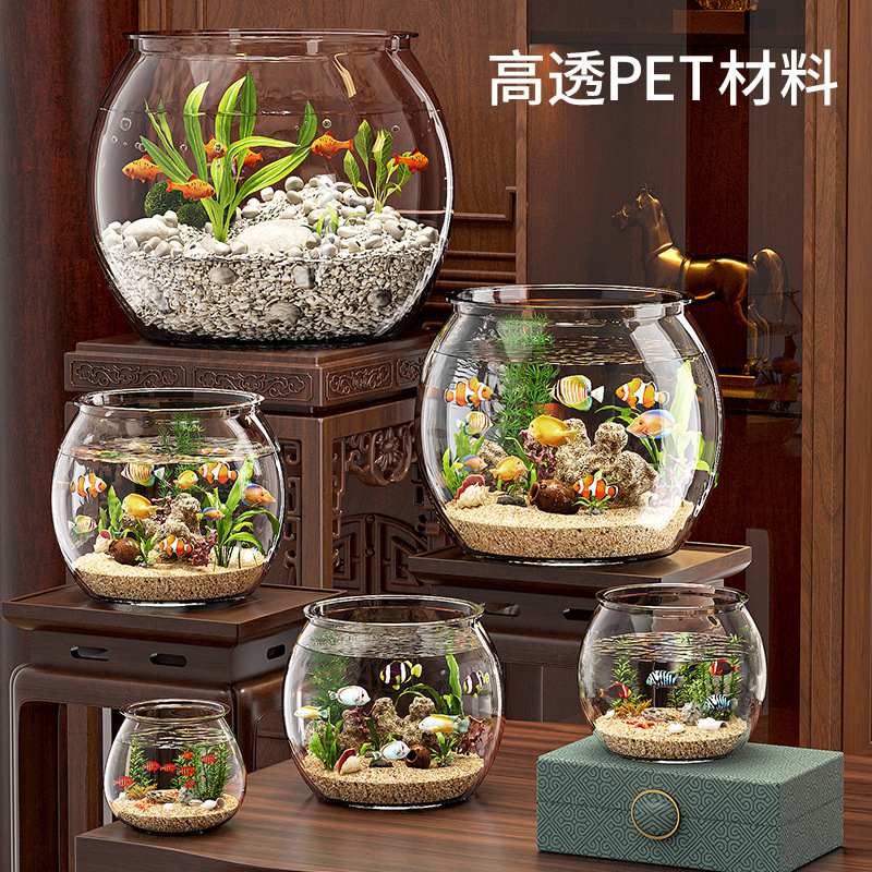Acuario de peces redondo plástico integral formado imitación de vidrio anti-caída resistente a la caída no se rompe en la sala de estar pequeño ecológico de escritorio para el hogar