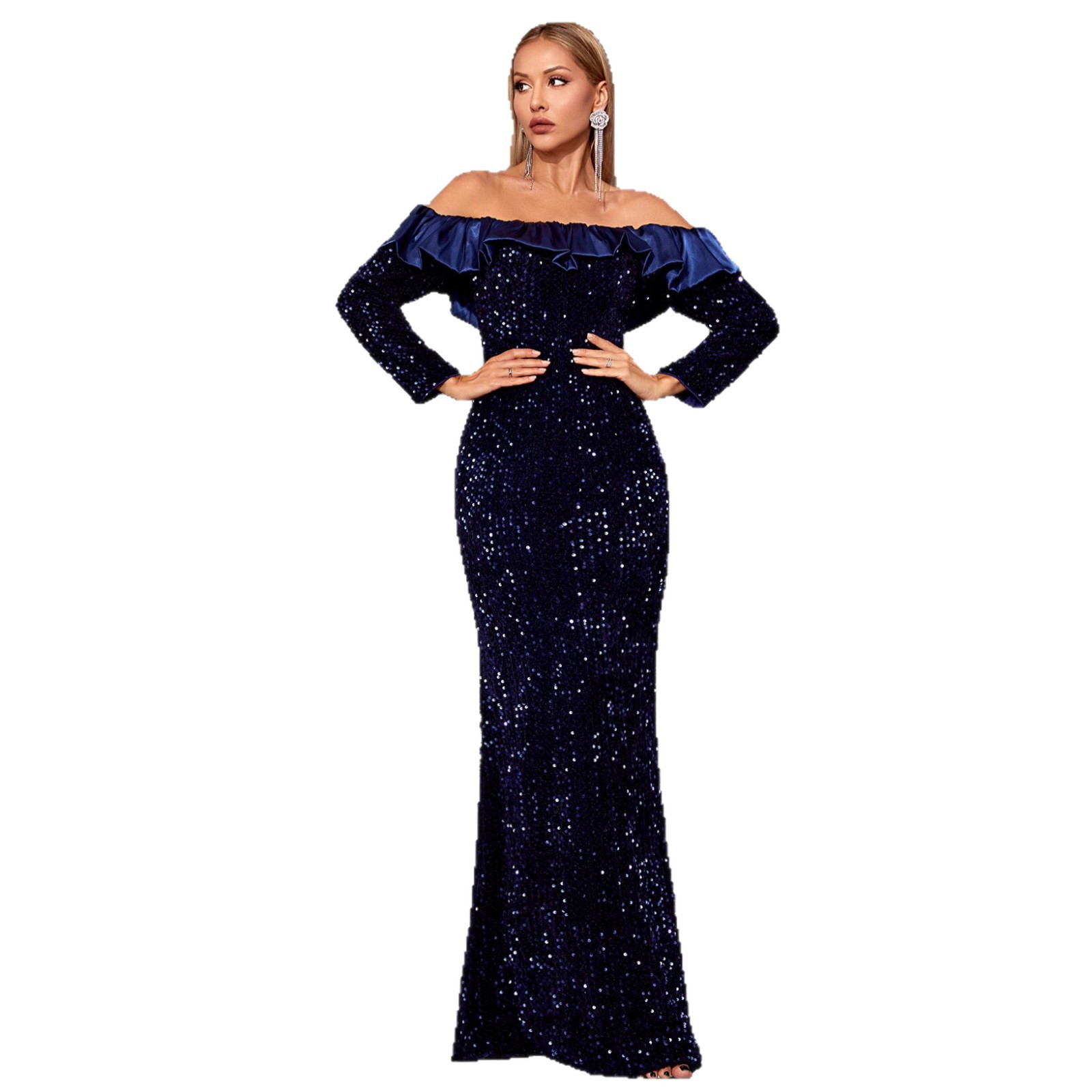 Europa y América un hombro largo vestido de noche delgado vestido de cola de pescado de mangas largas brillante con sequillas vestido de fiesta mujer image 5