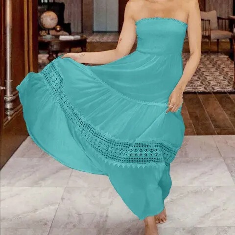 European and American Summer New Women's Clothing, Solid Color Retro Patchwork Lace Long Dress, Cross-Border Strapless Backless Dress, Super Flared Skirt