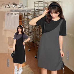 7806 Xuanchen plus size Korean version of regular casual suspender skirt suit 100.00kg T-shirt suspender skirt girlfriends-BFD