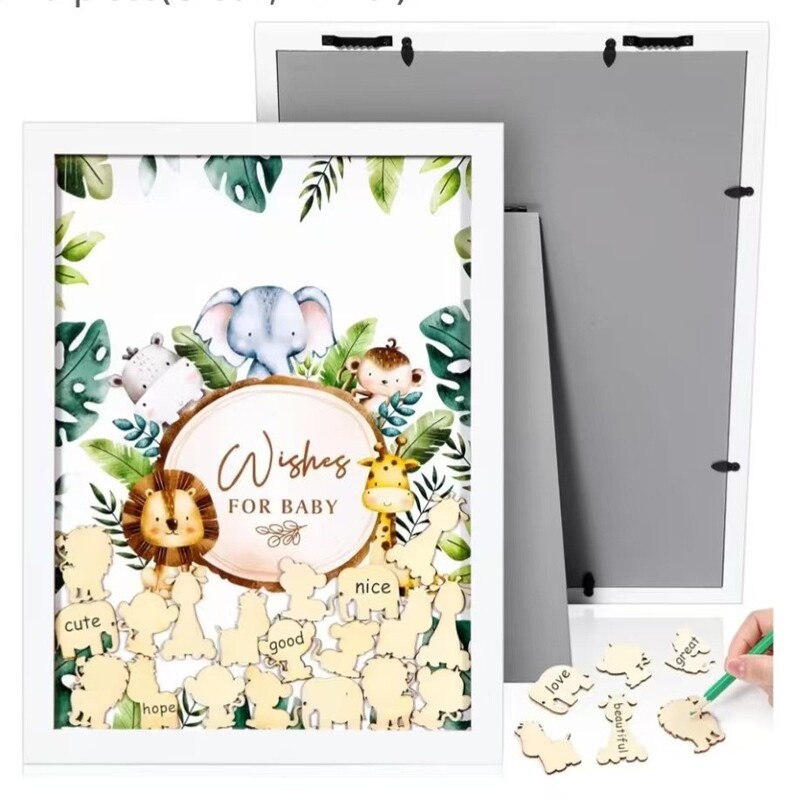 Jungle animal baby shower message frame, wooden animal sign-in board, baby baptism sign-in frame, decorative ornament