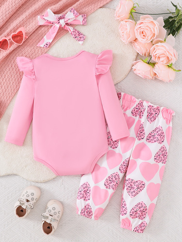 Baby Spring and Autumn Western Style Long-Sleeve English Printed Pants with Heart Printed Bow Decoration Girls' Comfort Set