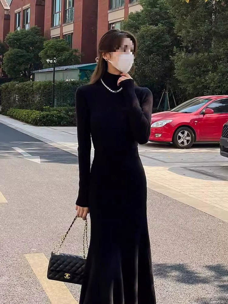 [330 г хлопка плюс бархат утолщение] Платье с половинным вырезом юбка с рыбьим хвостом осенью и зимой тонкая юбка