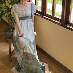 フランス風気質レトロ宮廷風プリントワンピース夏改良方襟ウエストクラシック油絵風ワンピース