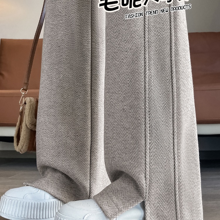 毛呢裤子女秋冬高腰加绒加厚人字纹阔腿裤女宽松休闲窄版直筒女裤