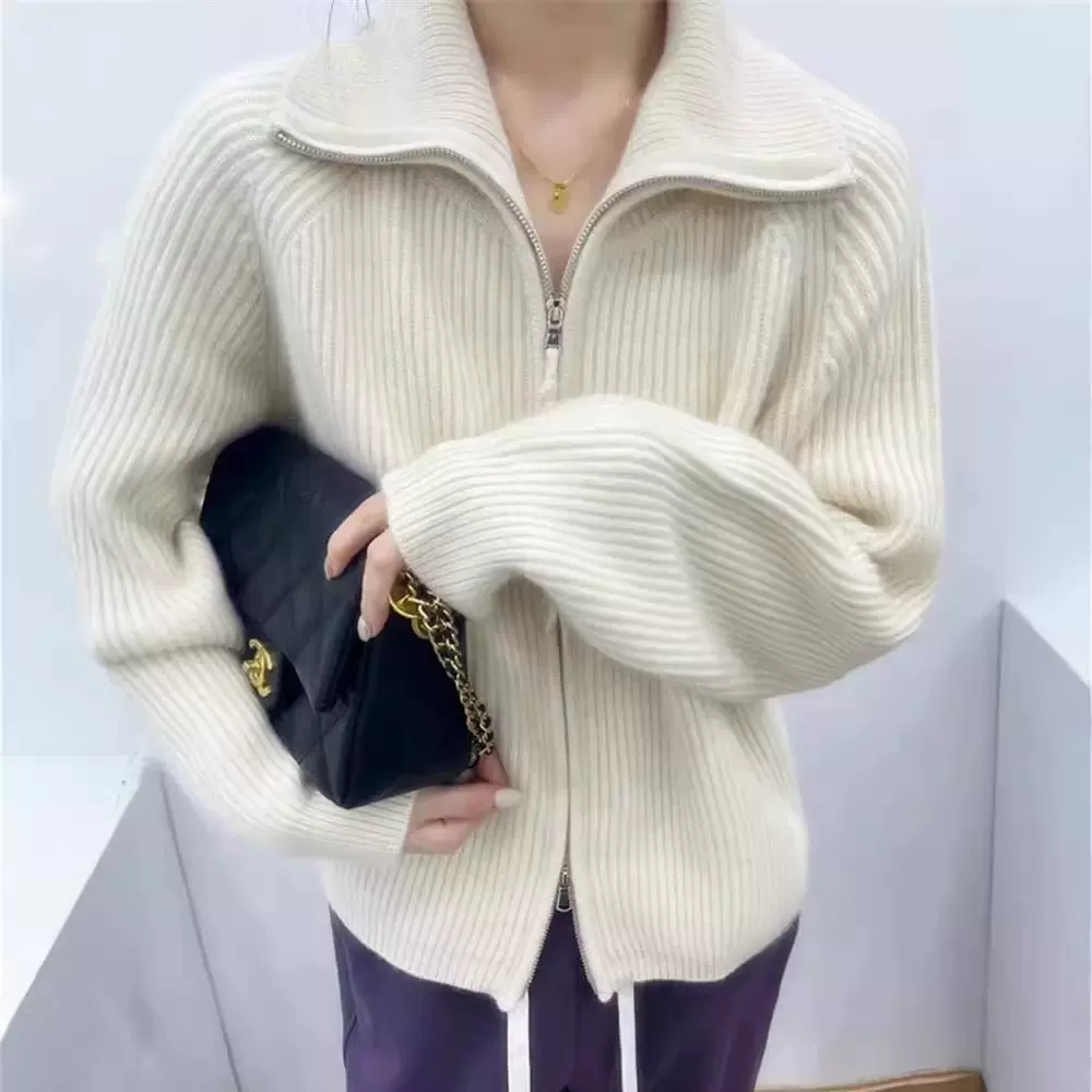 2024秋冬新款加厚欧美羊毛衫女翻领拉链开衫外套毛衣羊绒外搭