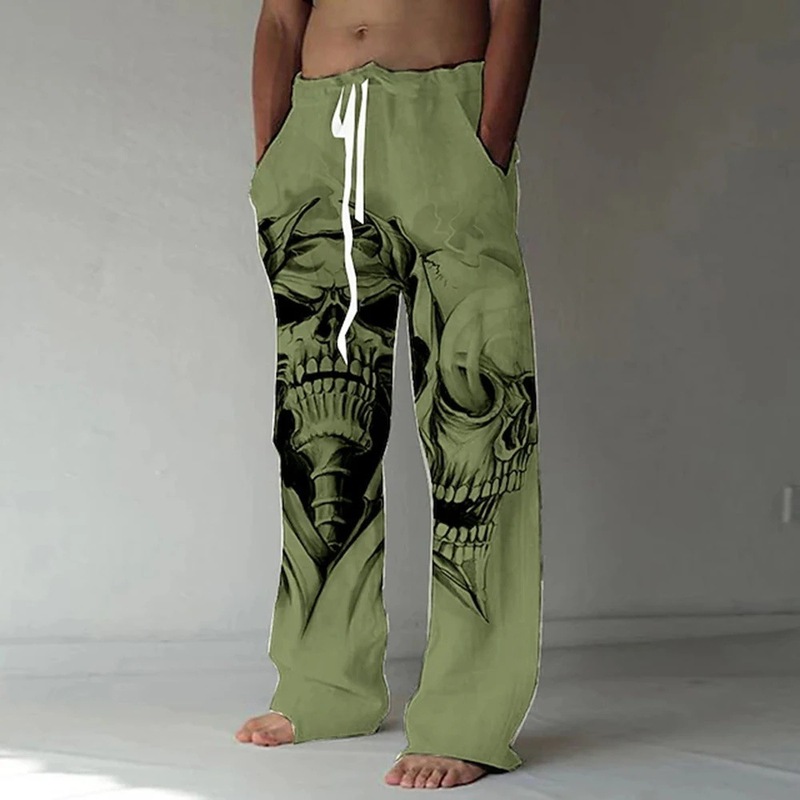 Men's Long Pants Summer Beach Pants Drawstring Elastic Waist 3D Printed Skull Pattern Casual Daily Streetwear