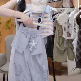女童无袖工装裤套装2026新款夏季翻领彩条背心速干薄冲锋裤阔腿裤