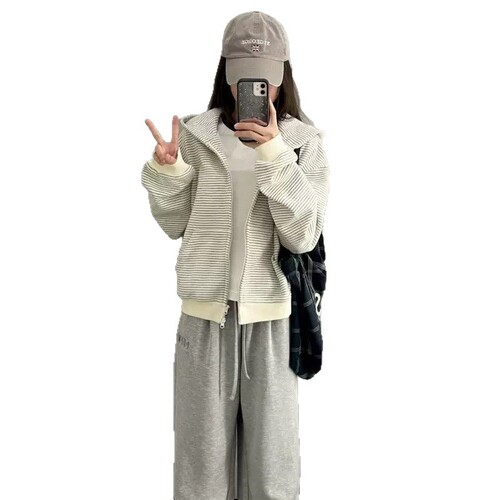 Korean-style padded striped hooded sweatshirt jacket for women, 2025 new arrival loose long-sleeved top for autumn and winter