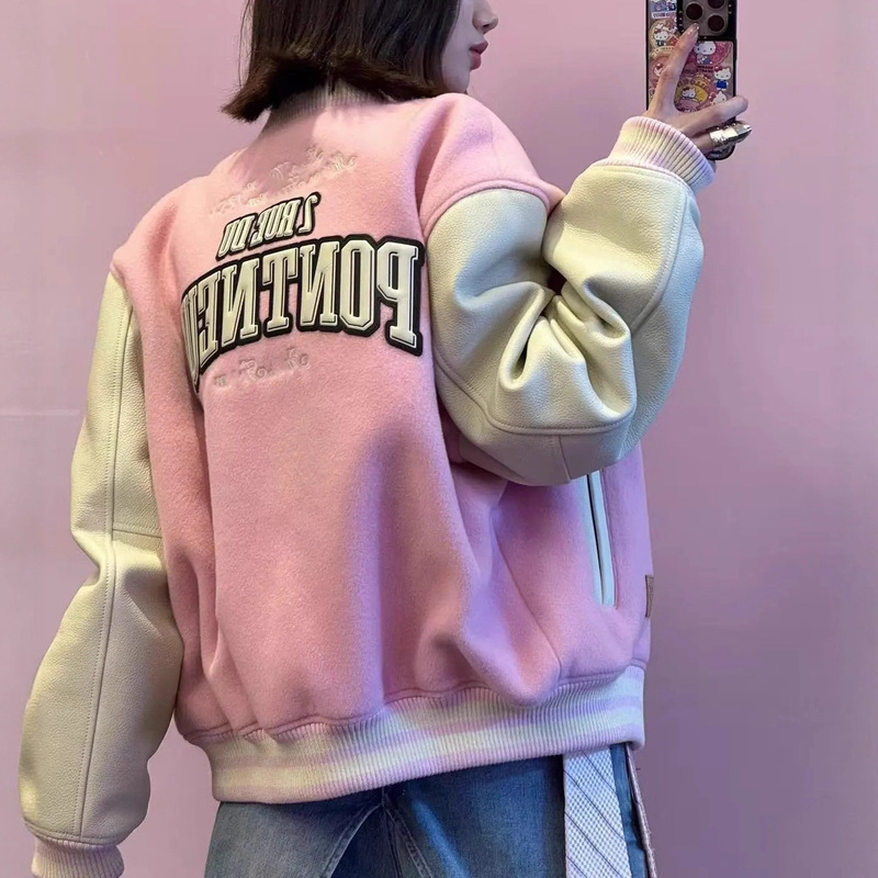 Original Version with Pearl Buckle Leather Trim Front Pocket Waist-Cinching Baseball Jacket for Men and Women