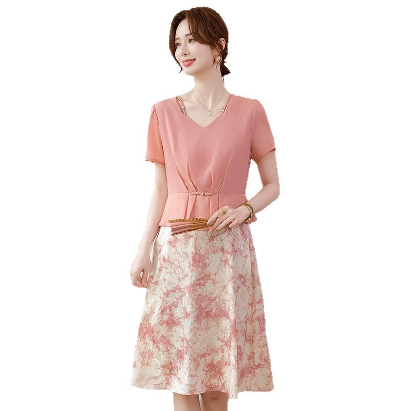 Летнее шифоновое платье средней длины Z из двух частей для мамы, элегантная юбка с v-образным вырезом для женщин среднего и пожилого возраста на День матери