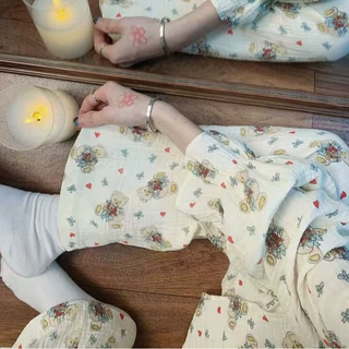 网红新款可爱小熊睡衣女春秋季长袖长裤蕾丝花边套装家居服