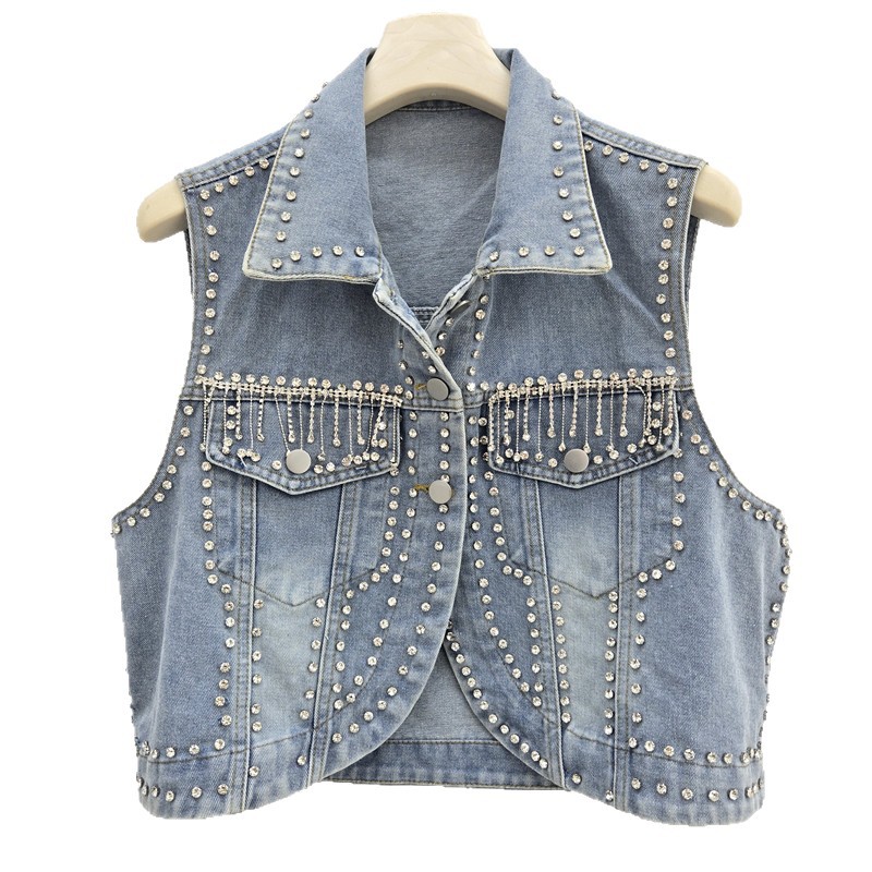 Estación europea 2026 primavera y verano nuevo diseño de industria pesada con bordas de diamante sin mangas corto chaleco de vaqueros chaqueta de mujer