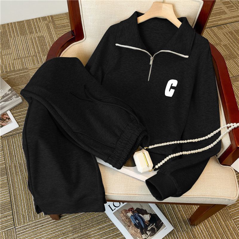 100-150kg Large Size Polo Collar Casual Sports Suit for Women Spring & Fall Loose and Stylish Fashion Sweatshirt Two-Piece Set