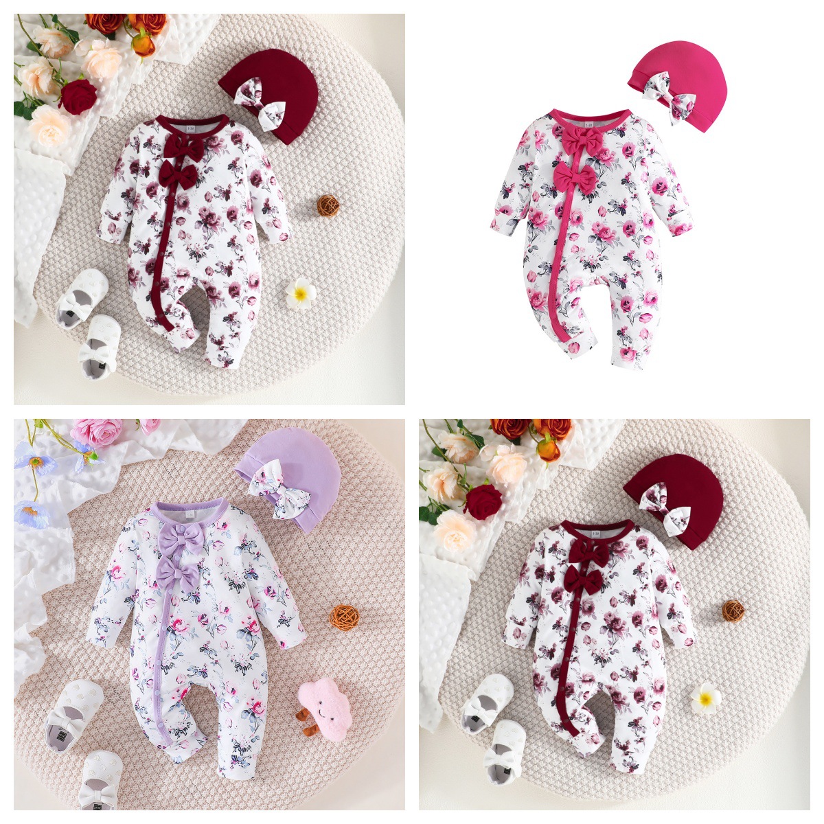 2024 Primavera e Autunno Nuovo Fiocco Manica Lunga Fiore Stampato Tuta + Cappello Due Pezzi Set_voghion.com