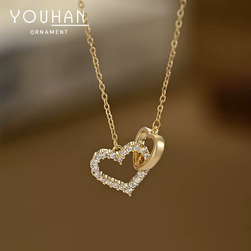 真金电镀镶锆石气质锁骨链女小众设计感镂空爱心交叉项链精致颈链