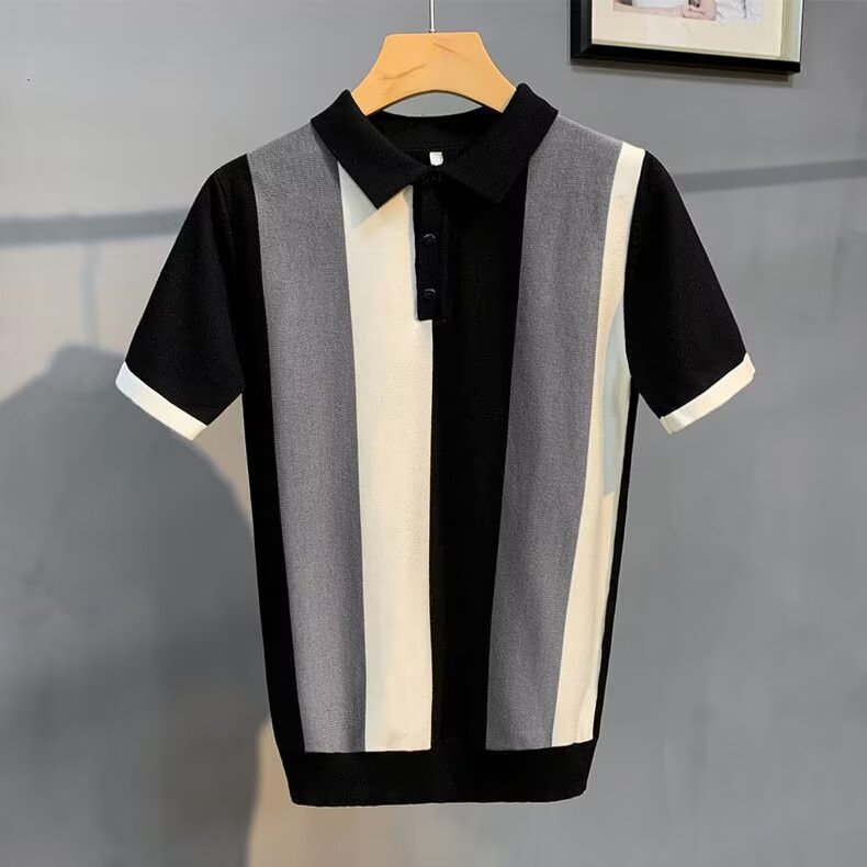 Summer New Ice Silk Stripe Lapel Short-sleeved Sweater Men's Fashion Youth Trendy All-match Casual Top Trendy