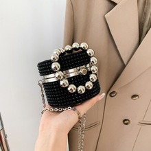 小香风珍珠手提包新款2022欧美时尚水钻个性ins链条斜挎圆筒包女