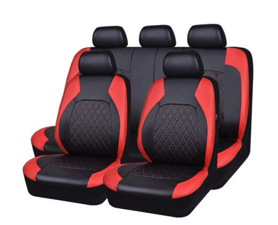 Universal seat cover single-line rhombus quilted embroidered bracket leather - red-nine-piece-set