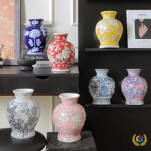 ◈青花瓷复古花瓶陶瓷感侘寂中古风大肚插花瓶新中式摆件装饰