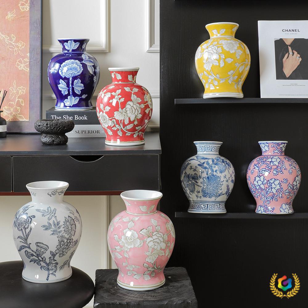 ◈青花瓷复古花瓶陶瓷感侘寂中古风大肚插花瓶新中式摆件装饰