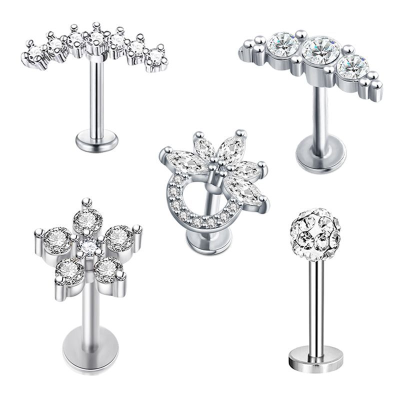 European American Simple Stainless Steel T-Rod Earrings Zircon Ear Nails Korean Screw Ball Distinctive Earrings 5 Pieces detail image 7