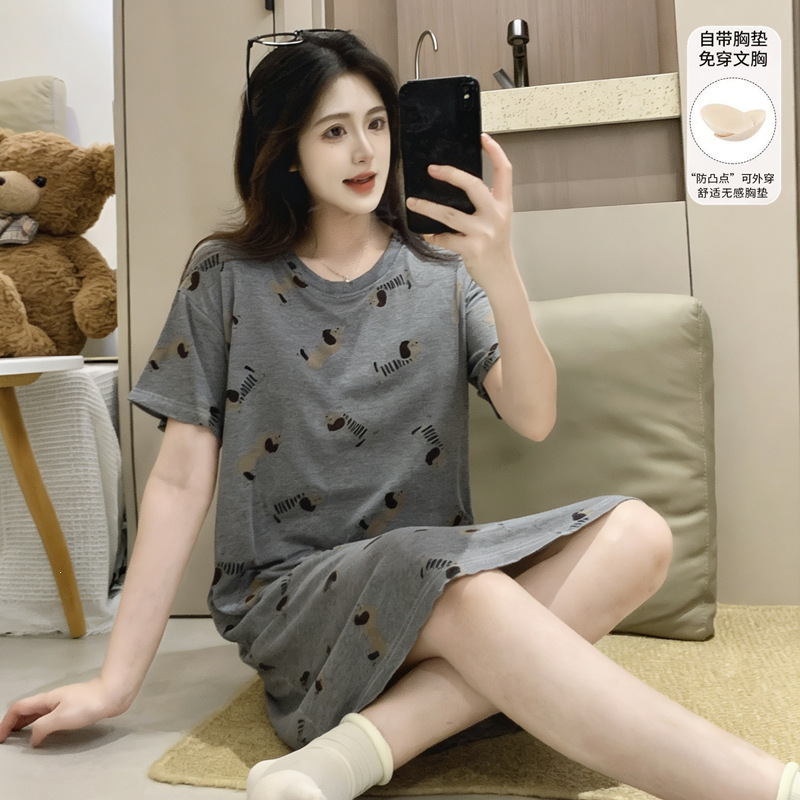 Summer New Style Pajamas for Women, Modal Round Neck Pullover Short-Sleeved Nightgown with Chest Pads, Sweet Girl's Home Wear