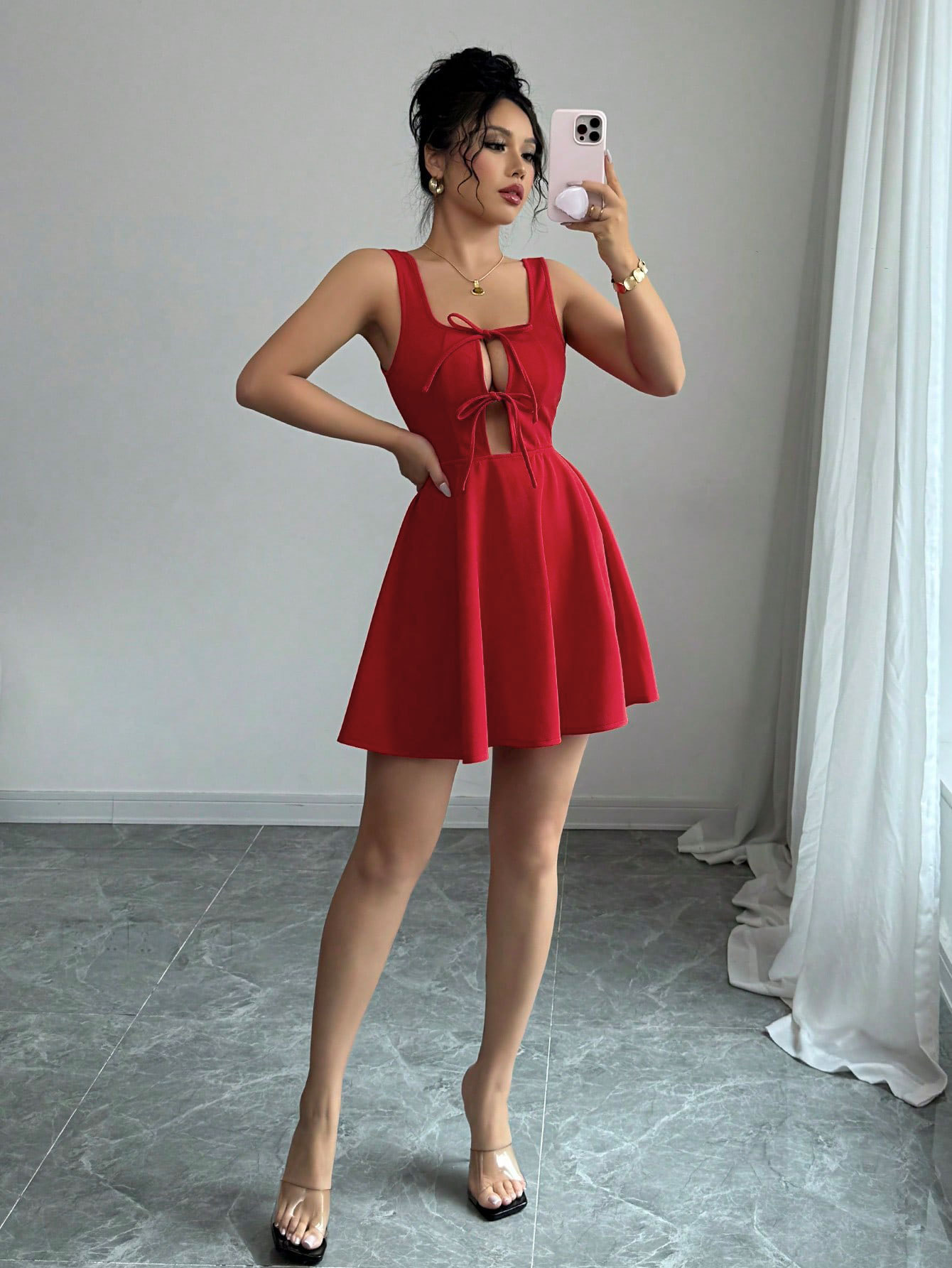 Women Clothing Summer Sexy Square Collar Red Dress A line Slip Dress