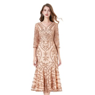 Brand Summer Mother's Dress Short-Sleeved Mother-In-Law Wedding Banquet Dress Large Size Mesh Embroidered Wedding Dress Wholesale