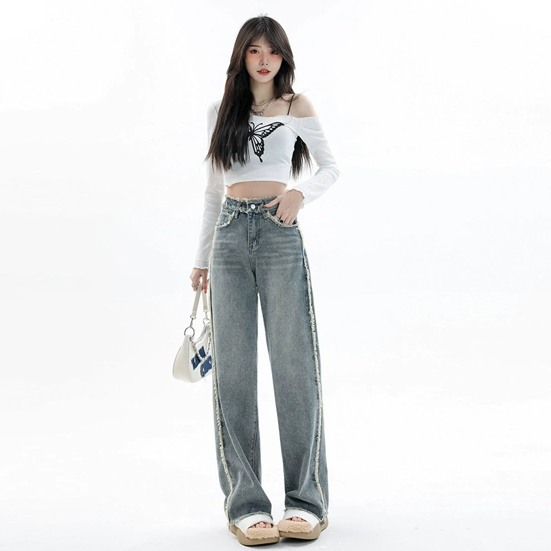 Ретро-дизайн чувство ниша потрепанные Горячие Джинсы для женщин Весна новые свободные прямые широкие джинсовые брюки для женщин
