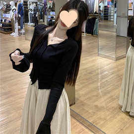 黑色领修身显瘦针织衫女秋季新款性感开叉长袖上衣