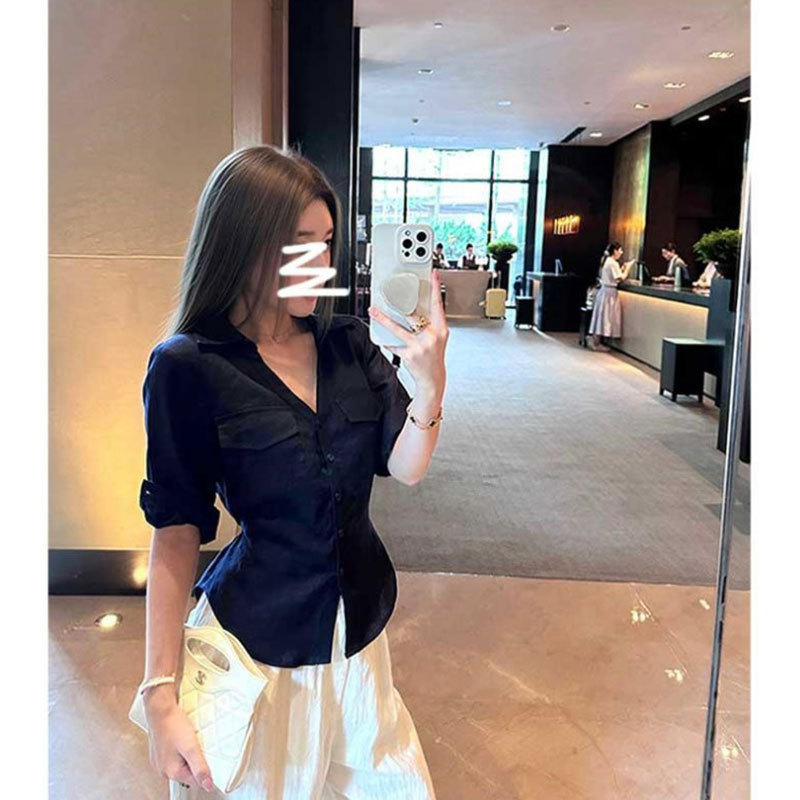 设计感POLO领中袖衬衫女2025秋季新款后背绑带收腰显瘦白色上衣女|undefined