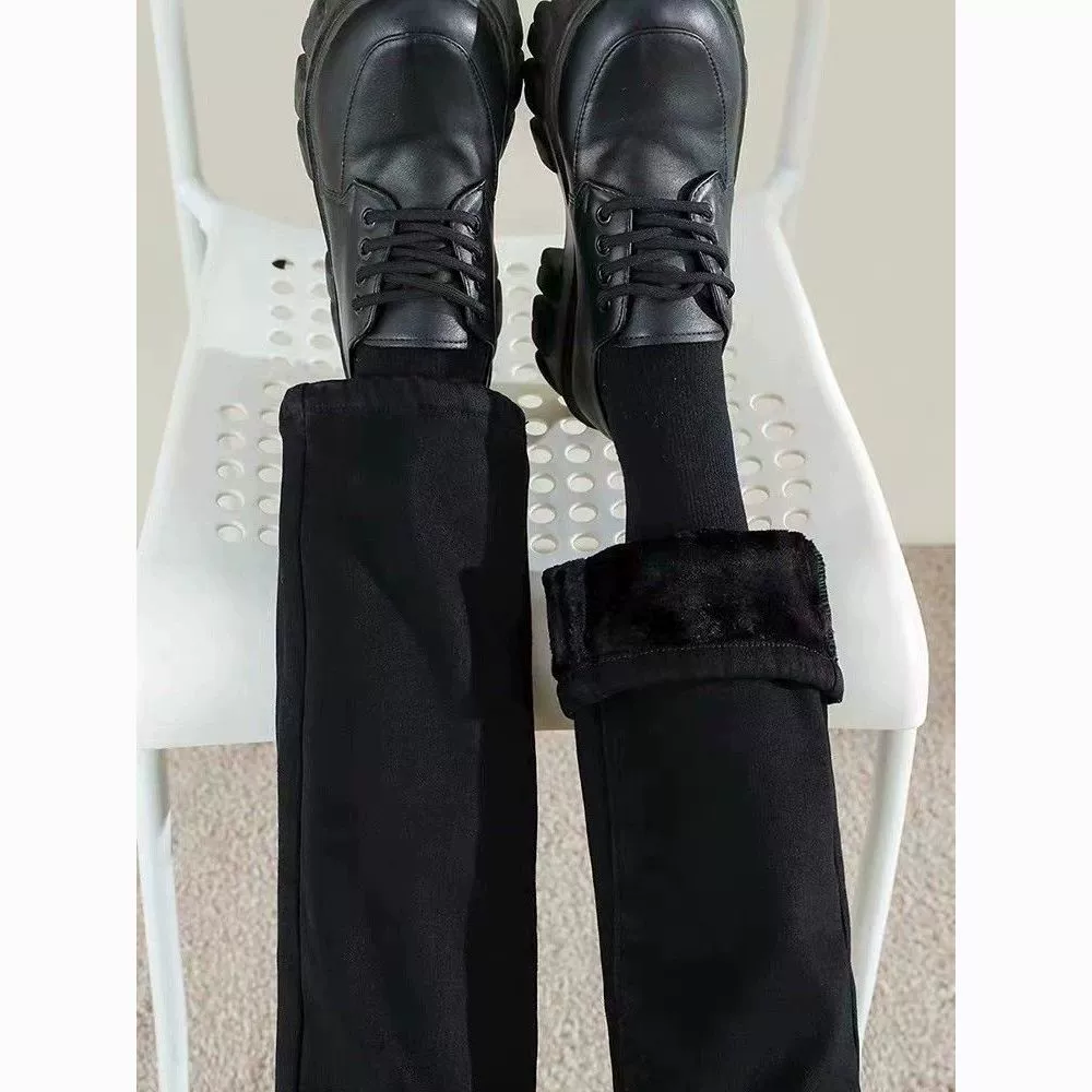 Черные плюшевые толстые джинсы с высокой талией