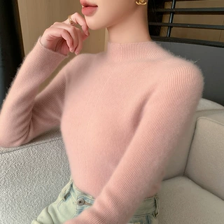 无缝软糯山羊绒衫女半高领秋冬修身内搭针织衫百搭粉色毛衣打底衫