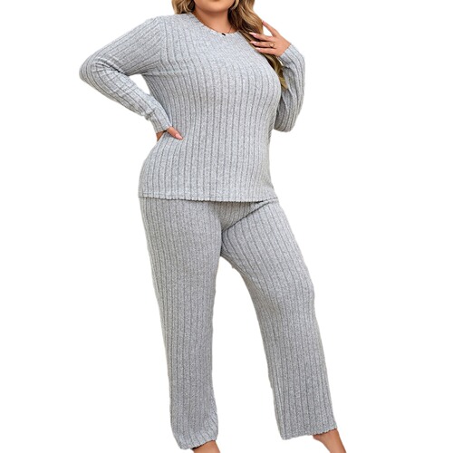 Ladies' Plus Size Homecoming Set with Long Sleeve Grey Top and Bottom for Autumn/Winter Comfortable Leisure on TEMU Independent Station