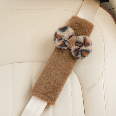 Blue Rain car seat belt Seat belt shoulder pad - rabbit-fur-brown-shoulder-pads-with-leopard-print-bow