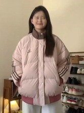 美式复古三条杠条纹撞色棉服女冬季新款加厚棒球服棉衣外套潮