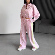 2025衬衫长裤套装欧美春夏宽松长袖衬衫休闲套装女拼色长衣长裤