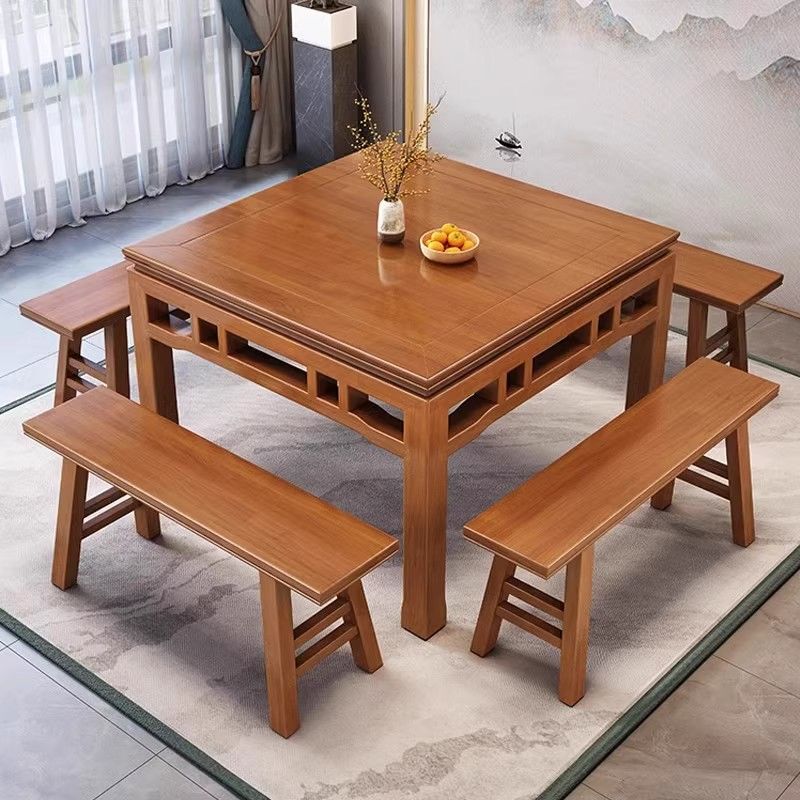 Farmhouse Dining Table and Chairs, Solid Wood Eight Immortals Table, Household Square Table, Long Bench, Antique-Style Old Elm Square Eight Immortals Table Farmhouse Dining Table and Chairs, Solid Wood Eight Immortals Table, Household Square Table, Long Bench, Antique-Style Old Elm Square Eight Immortals Table