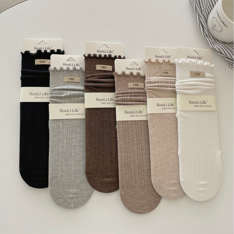 New women's socks for autumn and winter, Morandi-style lace stacked socks with loose cuff design, mid-calf length, Korean minimalist style