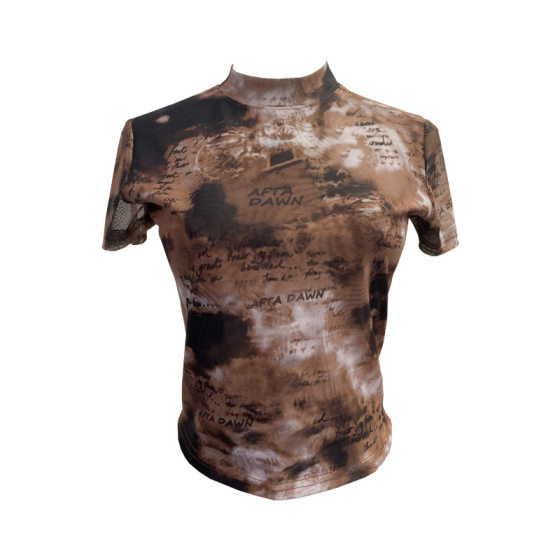 Real Shot Vintage Tie-Dye Printed Double-Layer Mesh Half-High Neck Short-Sleeved T-Shirt Spice Girl Short Slim-Fit Top Women's 8833