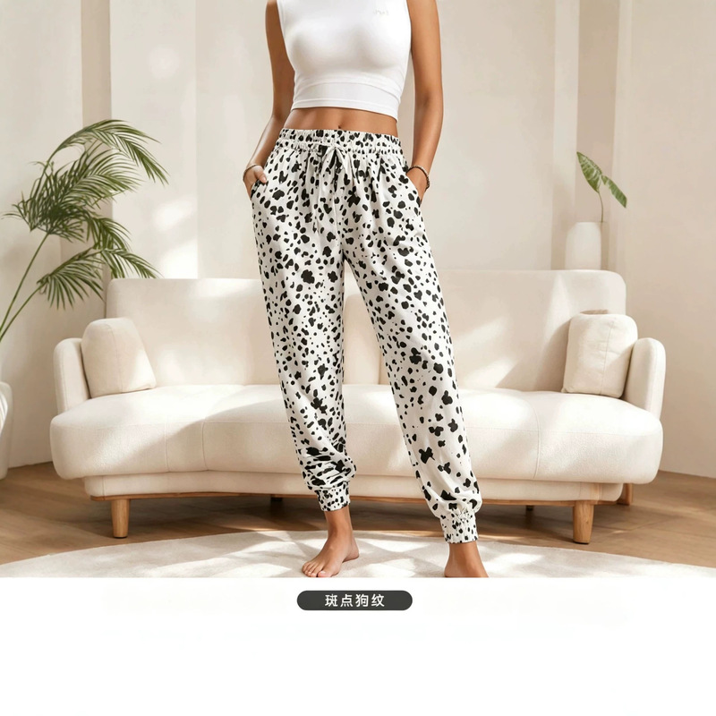 Leopard print medium stretch waistband pocket straight pants, drawstring autumn and winter jogger pants, women's clothing Leopard print medium stretch waistband pocket straight pants, drawstring autumn and winter jogger pants, women's clothing