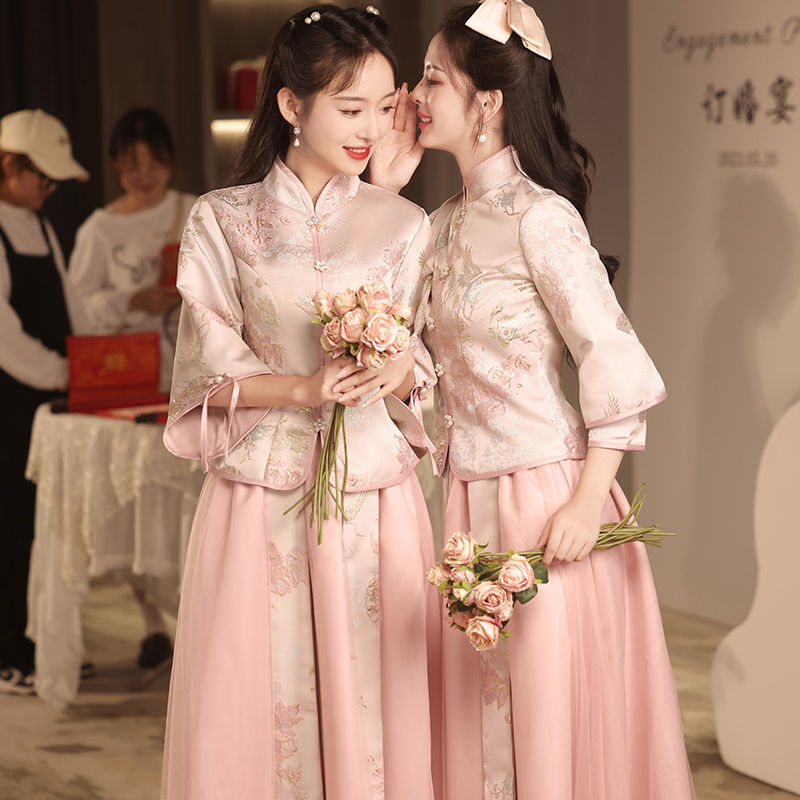 中式伴娘服新款四季豆沙粉民国风复古显瘦姐妹团伴娘裙礼服