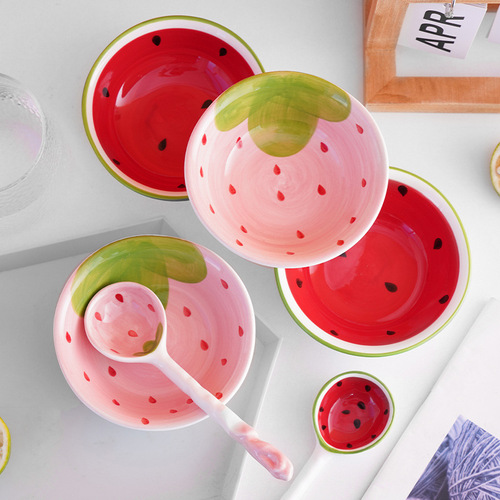 High-looking cartoon ceramic bowl ins style strawberry bowl watermelon spoon children's cute rice bowl soup bowl tableware wholesale